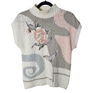 VTG Shenanigans M Sweater Vest Ivory Pink Floral Beaded 80s 90s Cottage Grandma
